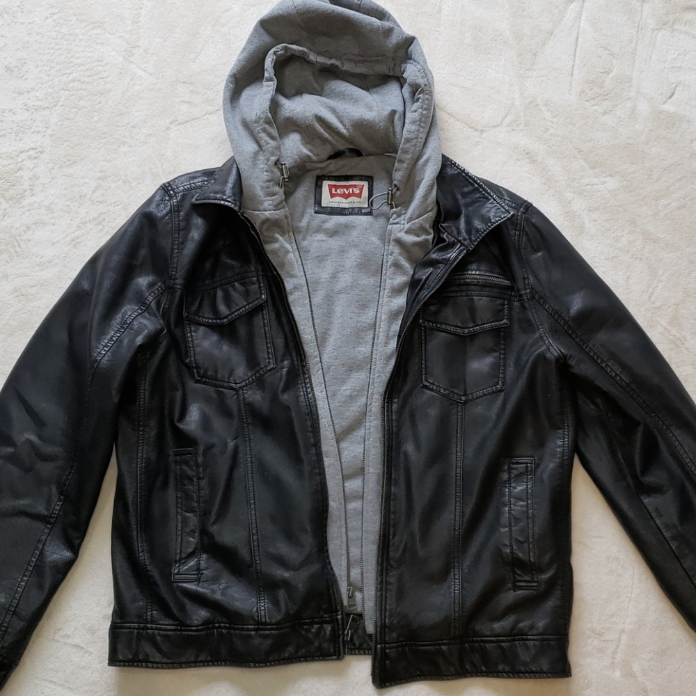 Men's  Leather hooded Jacket